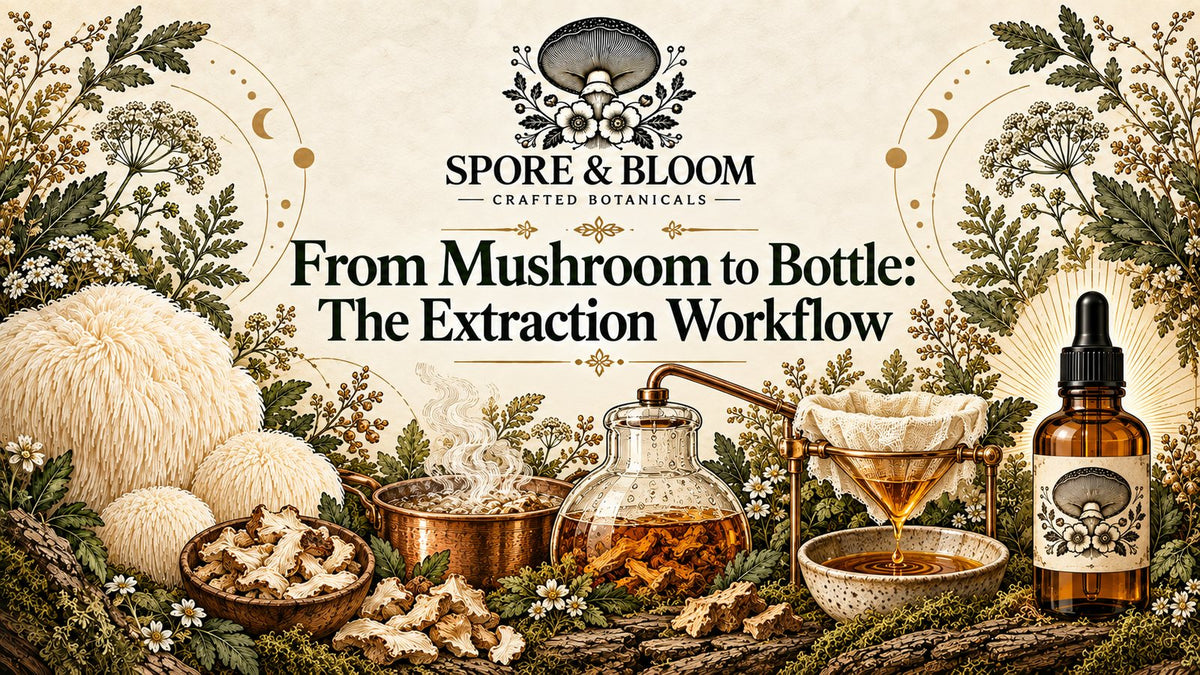 Illustration of dried mushrooms, extraction glassware and a finished tincture bottle