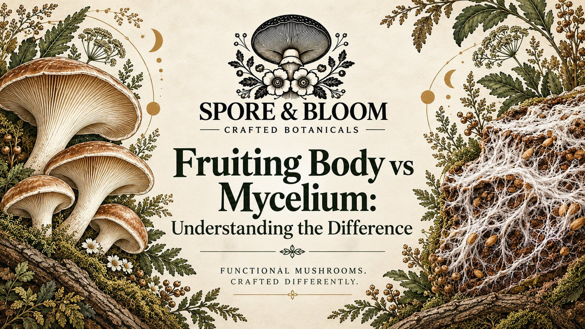 Illustration comparing mushroom fruiting bodies with fine white mycelium threads