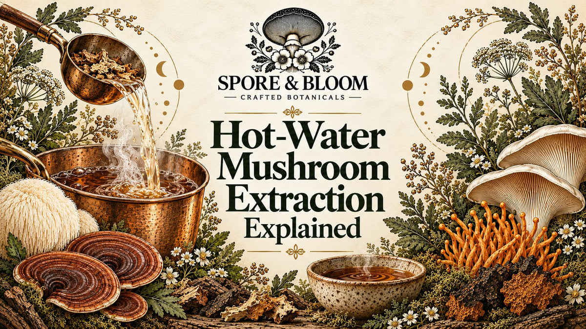 Illustration of dried mushrooms being extracted in a steaming pot of hot water
