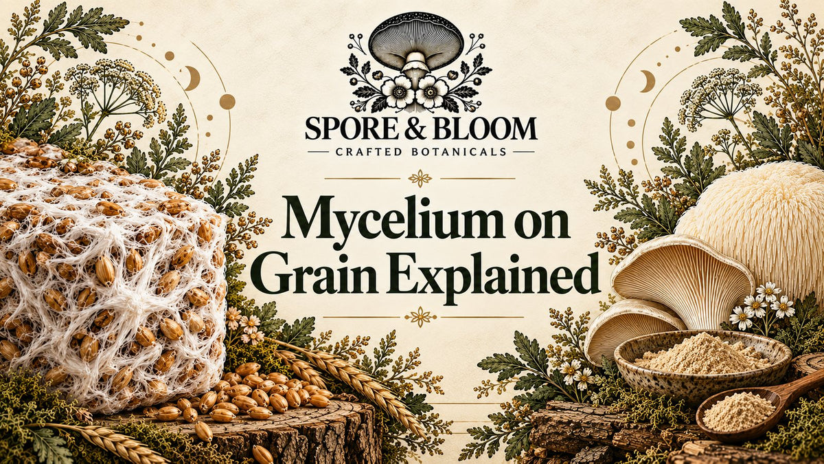 Illustration of white mycelium growing through grain beside mushroom fruiting bodies
