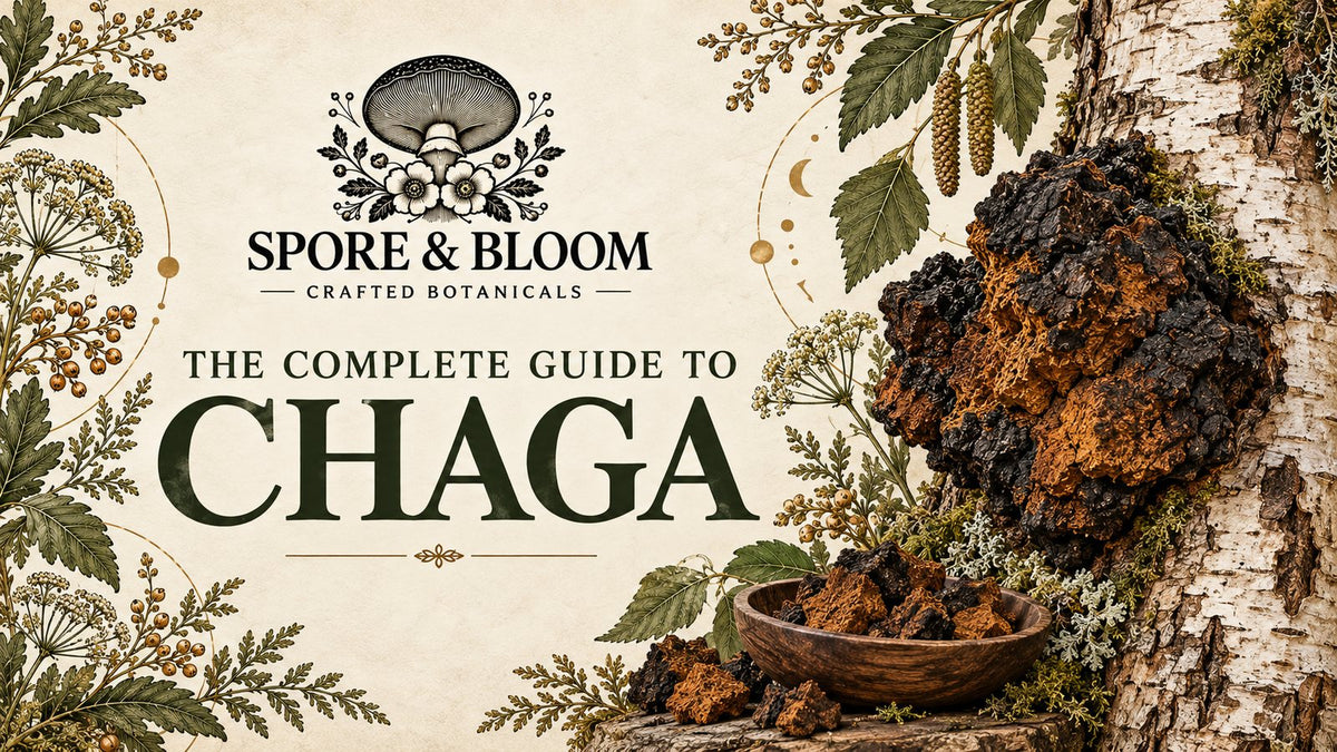 Illustration of chaga growing as a black, cracked mass on a birch trunk