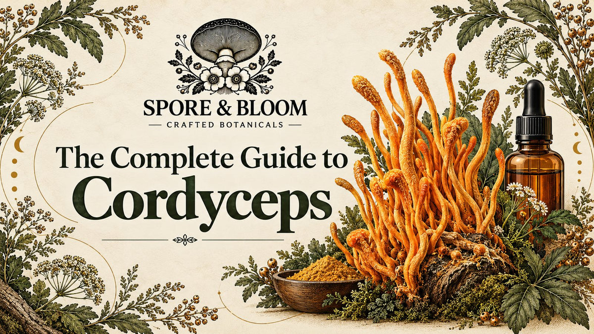Illustration of bright orange Cordyceps militaris fruiting bodies