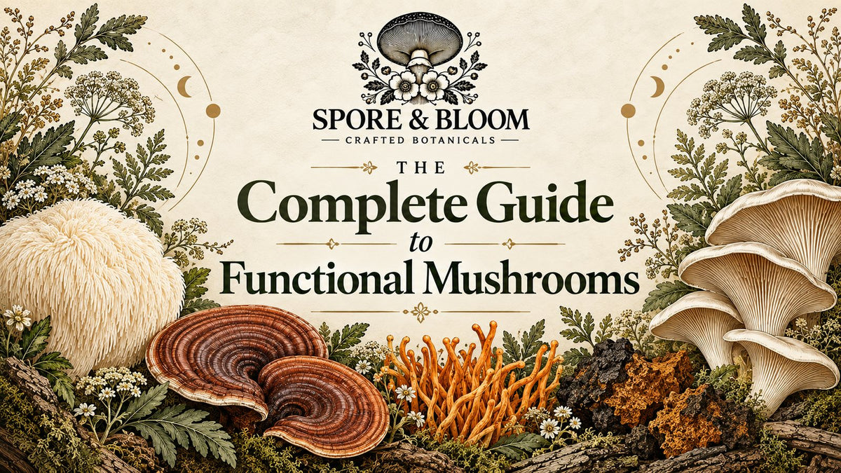Illustration of Lion’s Mane, Reishi, Cordyceps, Chaga and Oyster mushrooms among woodland ferns