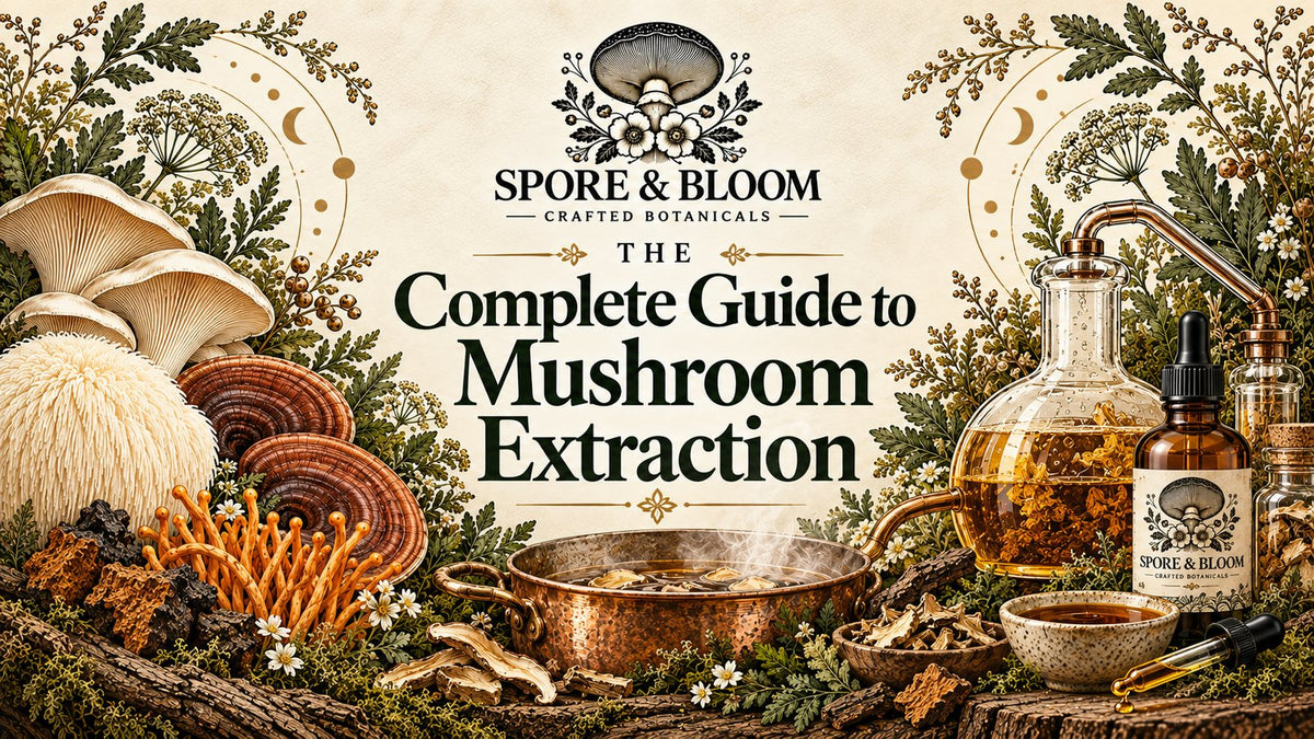 Illustration of mushroom extraction with glassware, dried mushrooms and tincture bottles