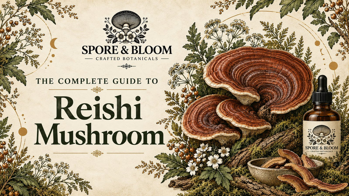 Illustration of Reishi mushrooms with glossy red-brown caps beside a tincture bottle
