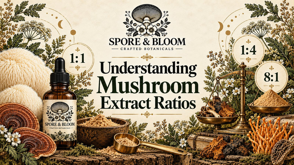Illustration of tincture bottles and dried mushrooms with extract ratio labels