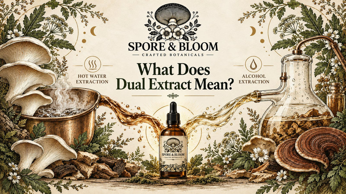 Illustration of hot water and alcohol extraction of mushrooms into a tincture
