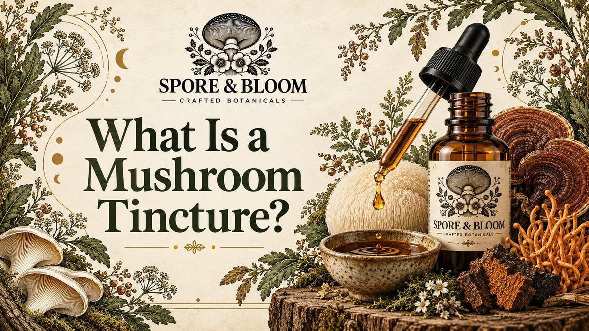 Illustration of a mushroom tincture bottle and dropper beside Lion’s Mane, Reishi, Cordyceps and chaga